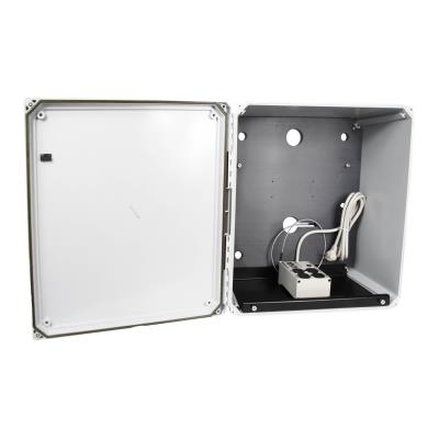 nms045 fiberglass instrument enclosure for ac powered systems. includes surge suppressor, adp100 & hardware for mounting to a wall or wooden pole. holes for conduit not drilled.